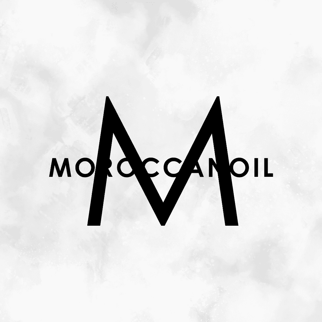 Logo for Moroccanoil with a bold black 'M' on a light textured background.