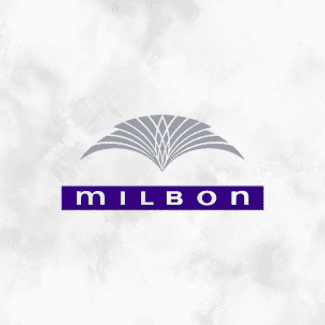Milbon logo with stylized fan design on cloudy background.
